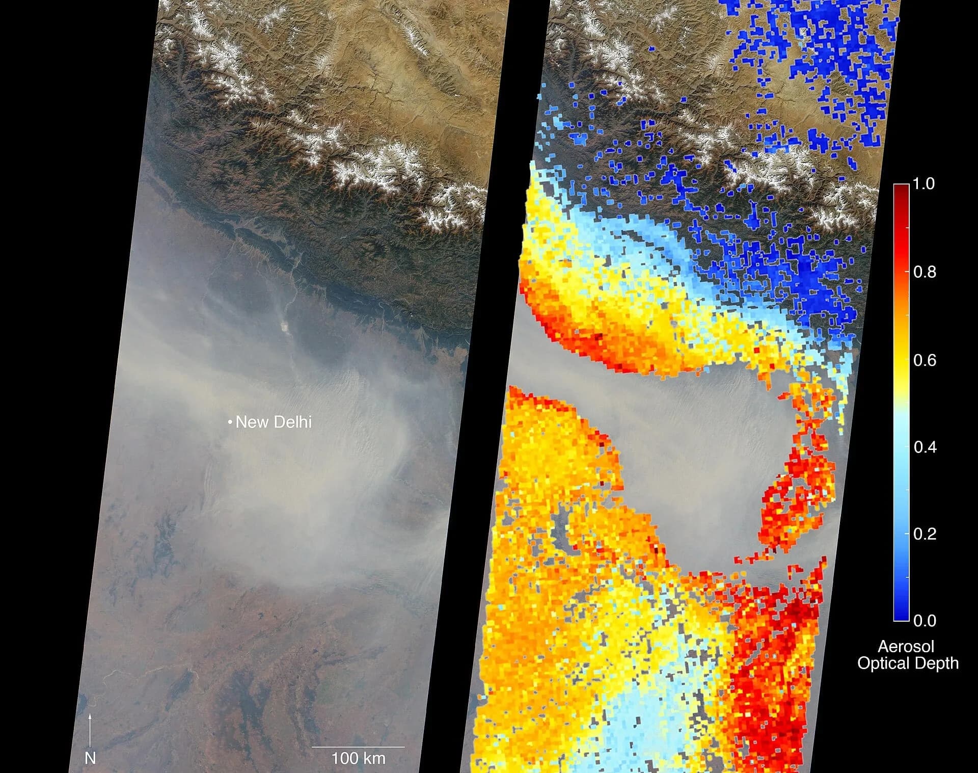 A NASA satellite view of severe air pollution over New Delhi