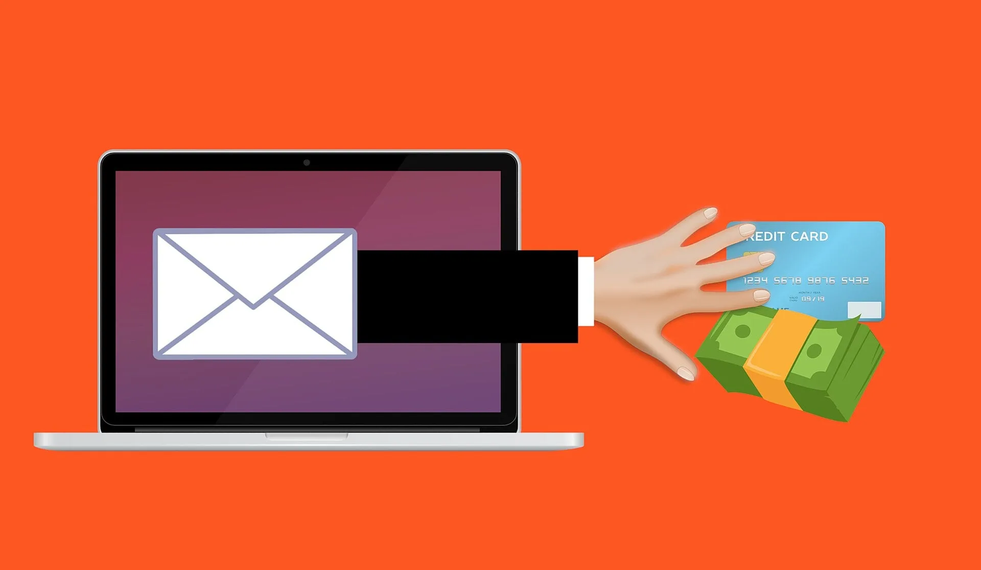 An illustration of a hand reaching out of a laptop screen to take a credit card