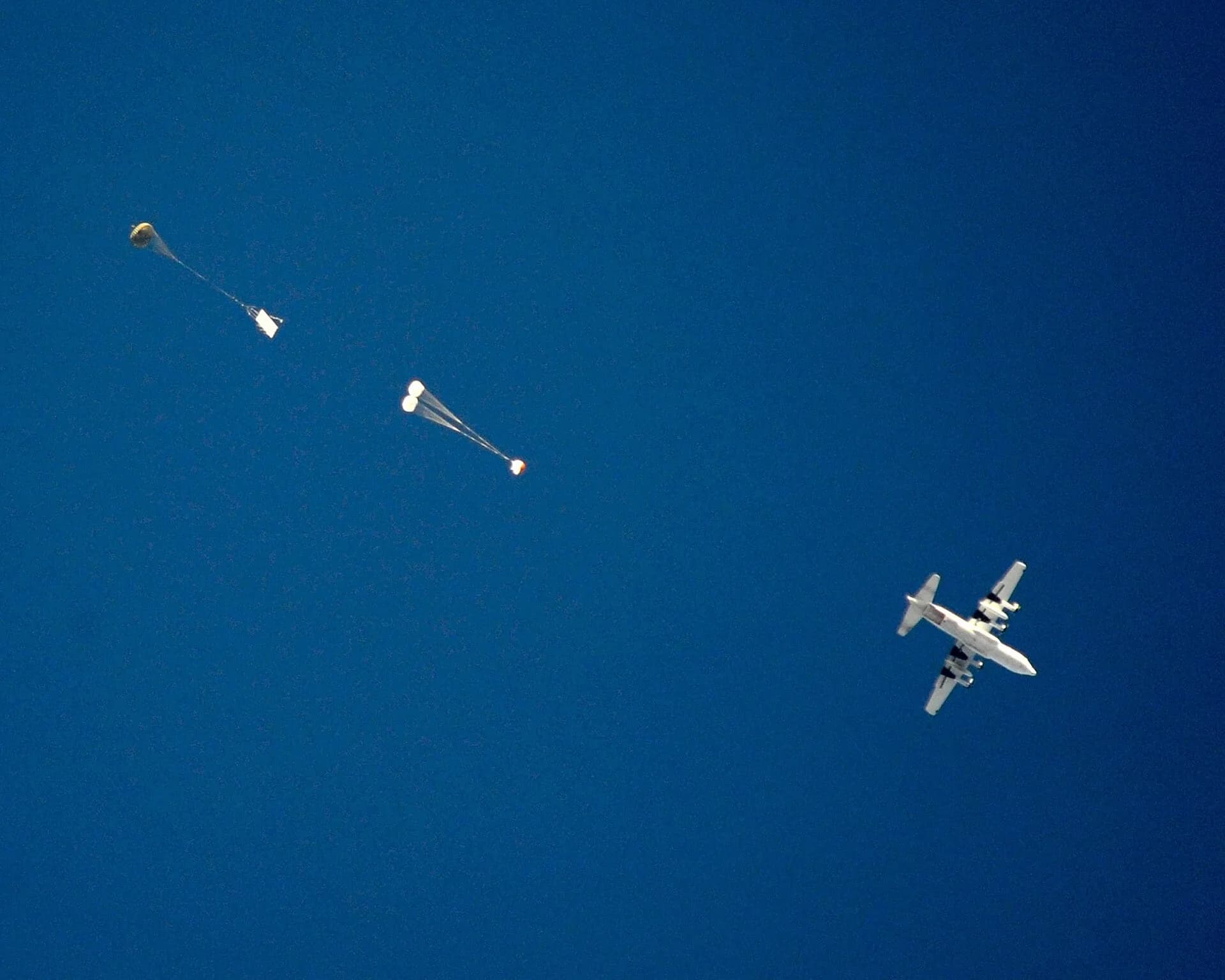 A test capsule dropped from a cargo aircraft during a parachute test