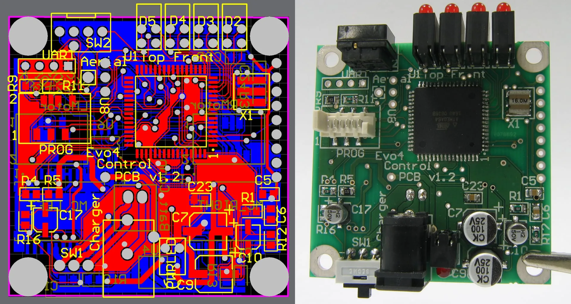 A circuit board design shown beside the finished board