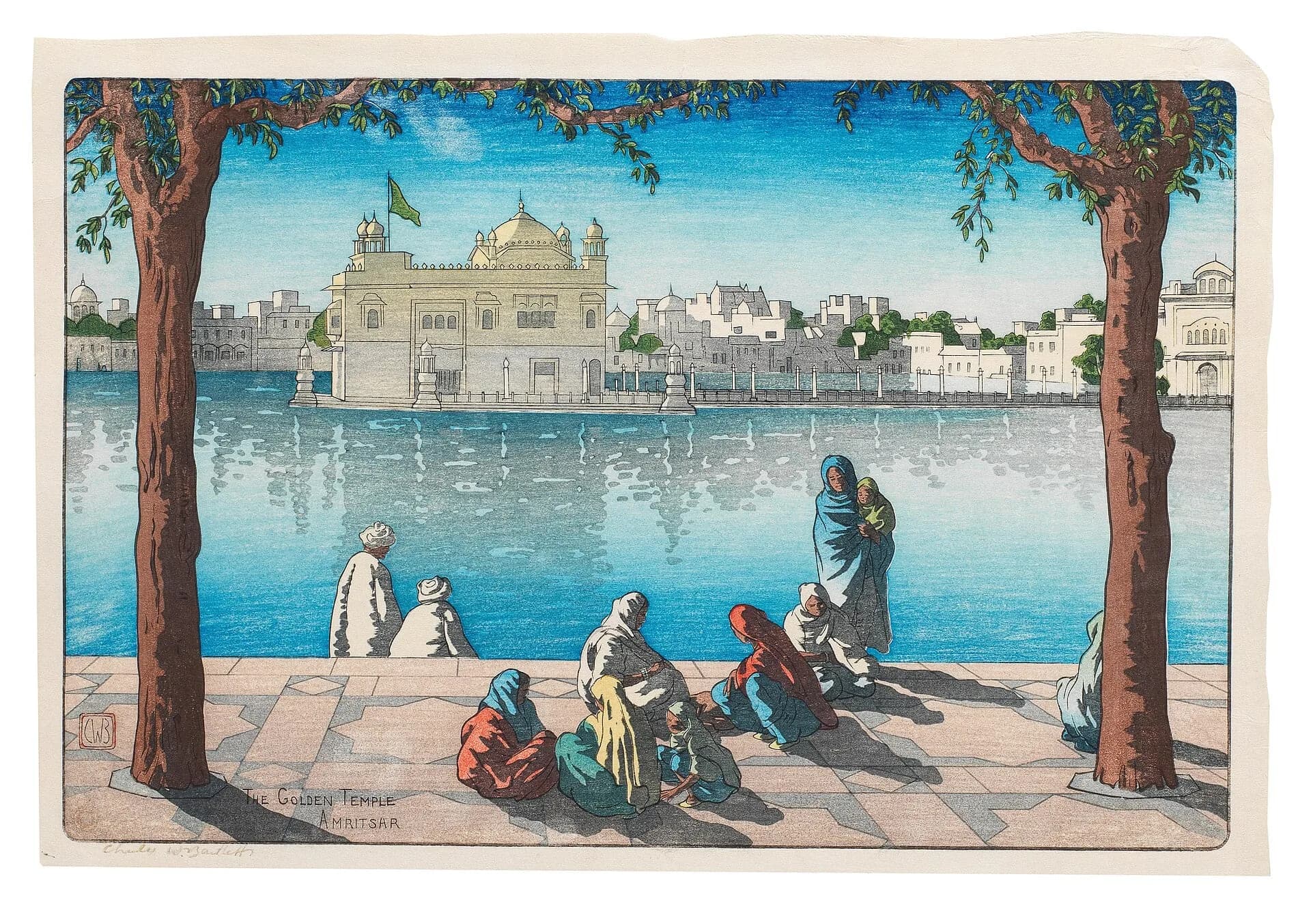 A painting of the Golden Temple in Amritsar across the sacred pool