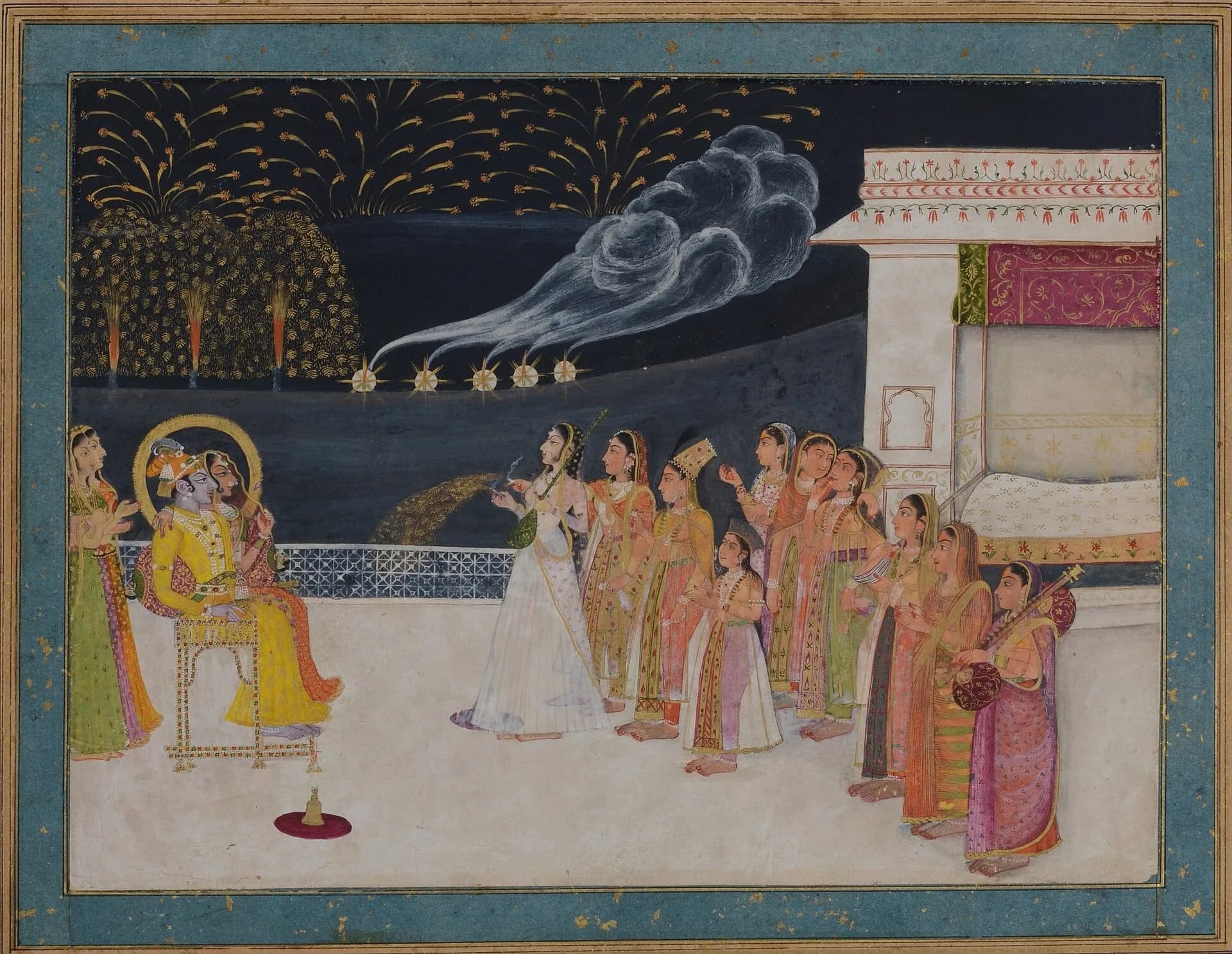 An Indian miniature painting of Radha and Krishna watching fireworks at night