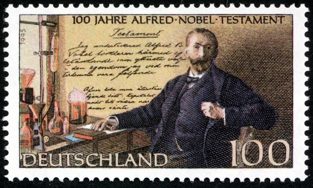 A 1995 German postage stamp showing Alfred Nobel and marking 100 years of his will