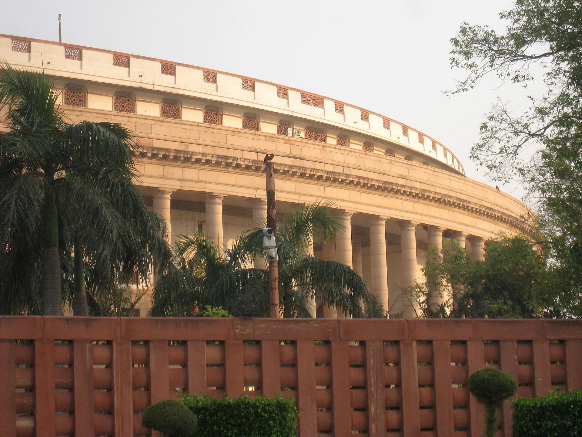 The circular colonnaded facade of Sansad Bhavan, the old Parliament House in New Delhi