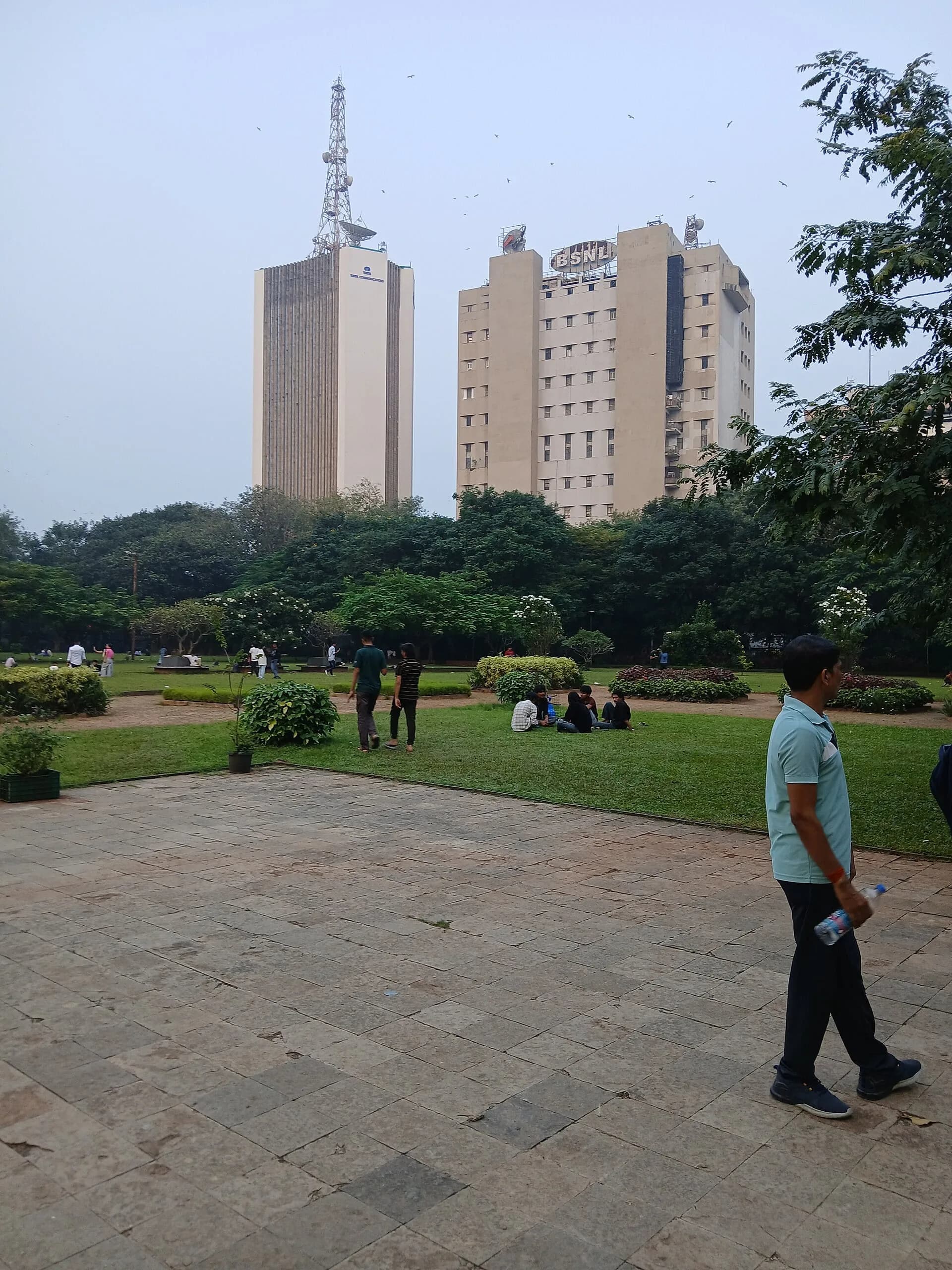 Office towers seen across a garden in Mumbai's Fort area