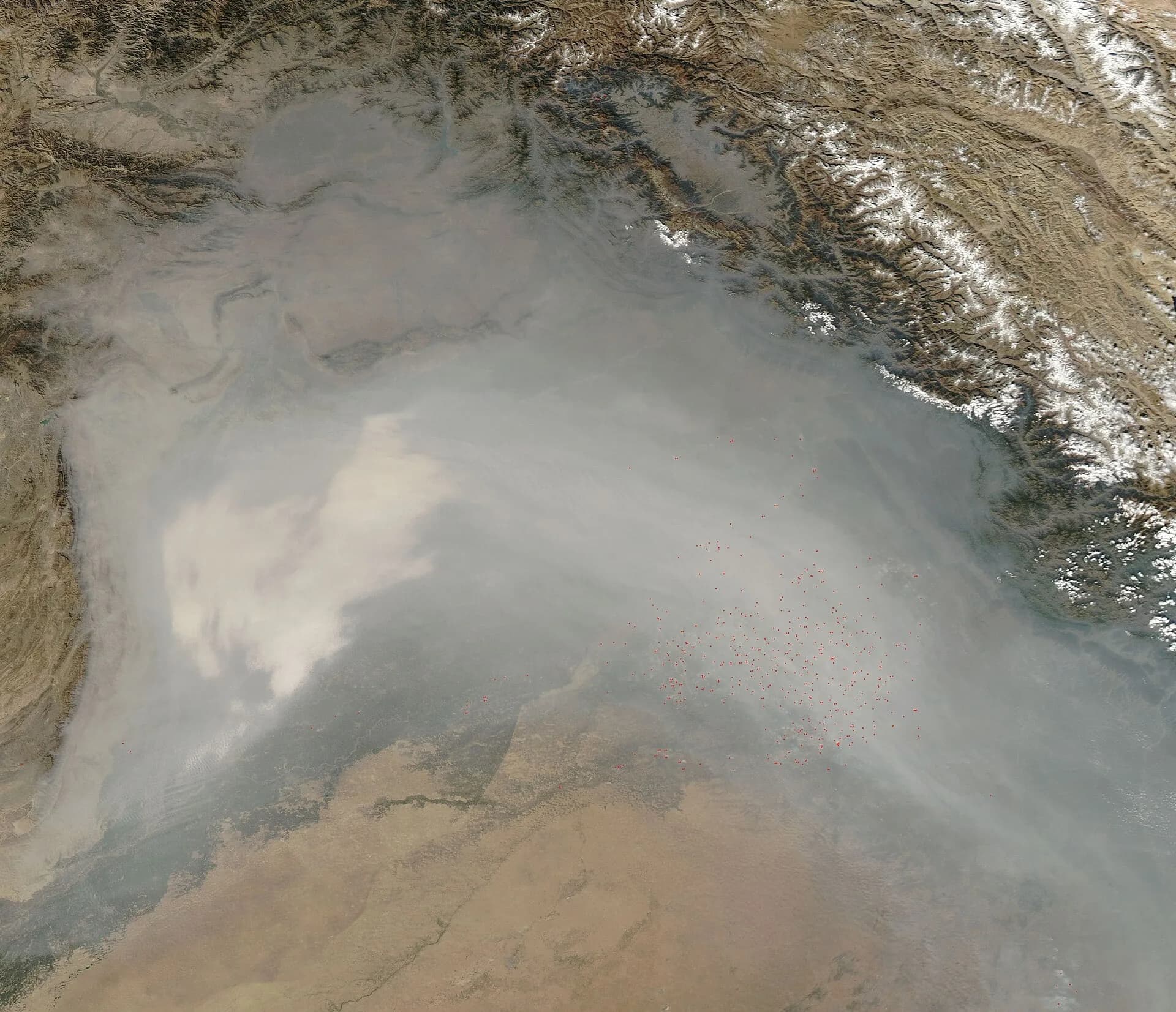 A satellite image of smoke from crop fires drifting over Punjab and Haryana