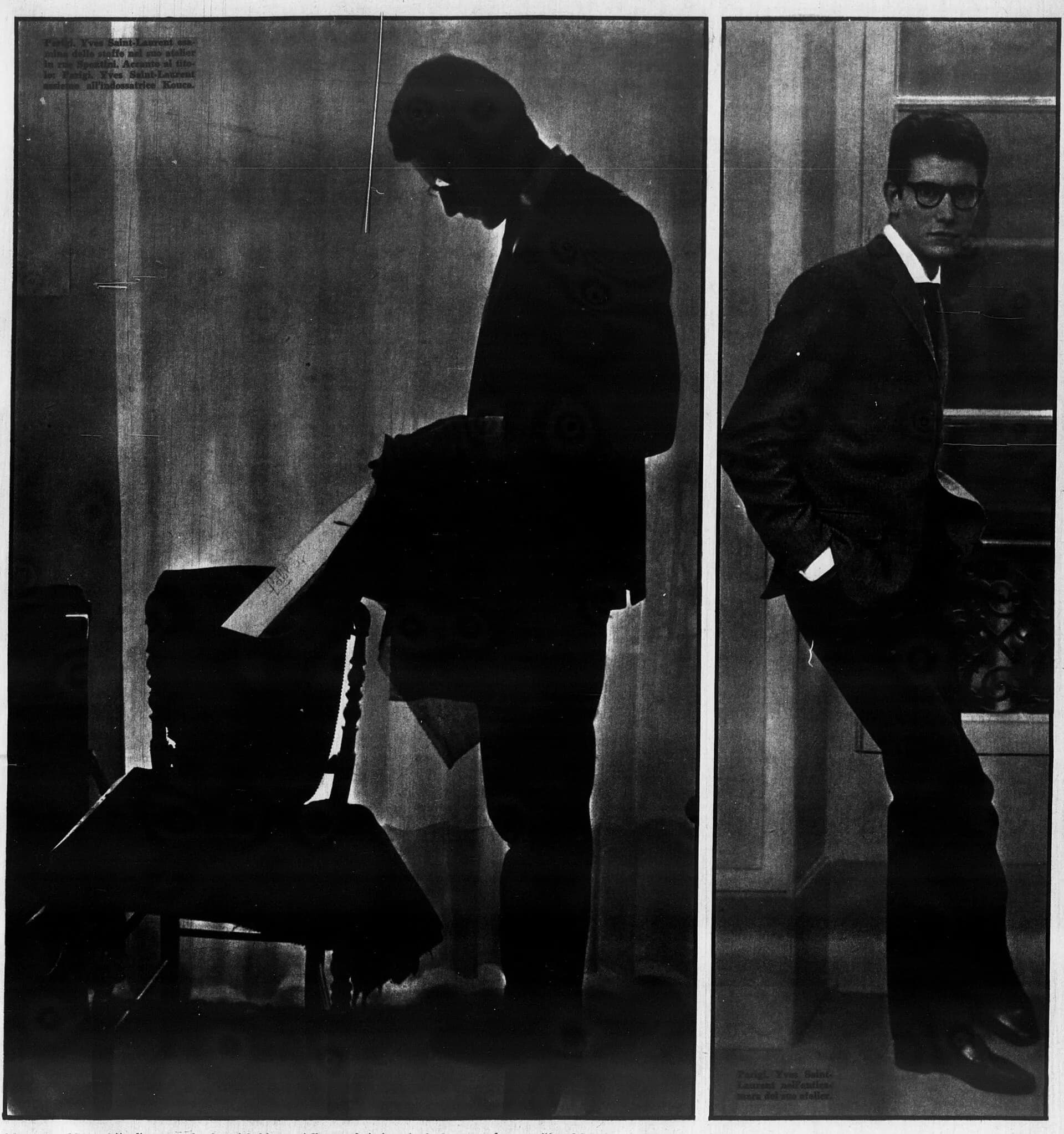 Black-and-white photograph of designer Yves Saint Laurent standing in his Paris studio in 1961