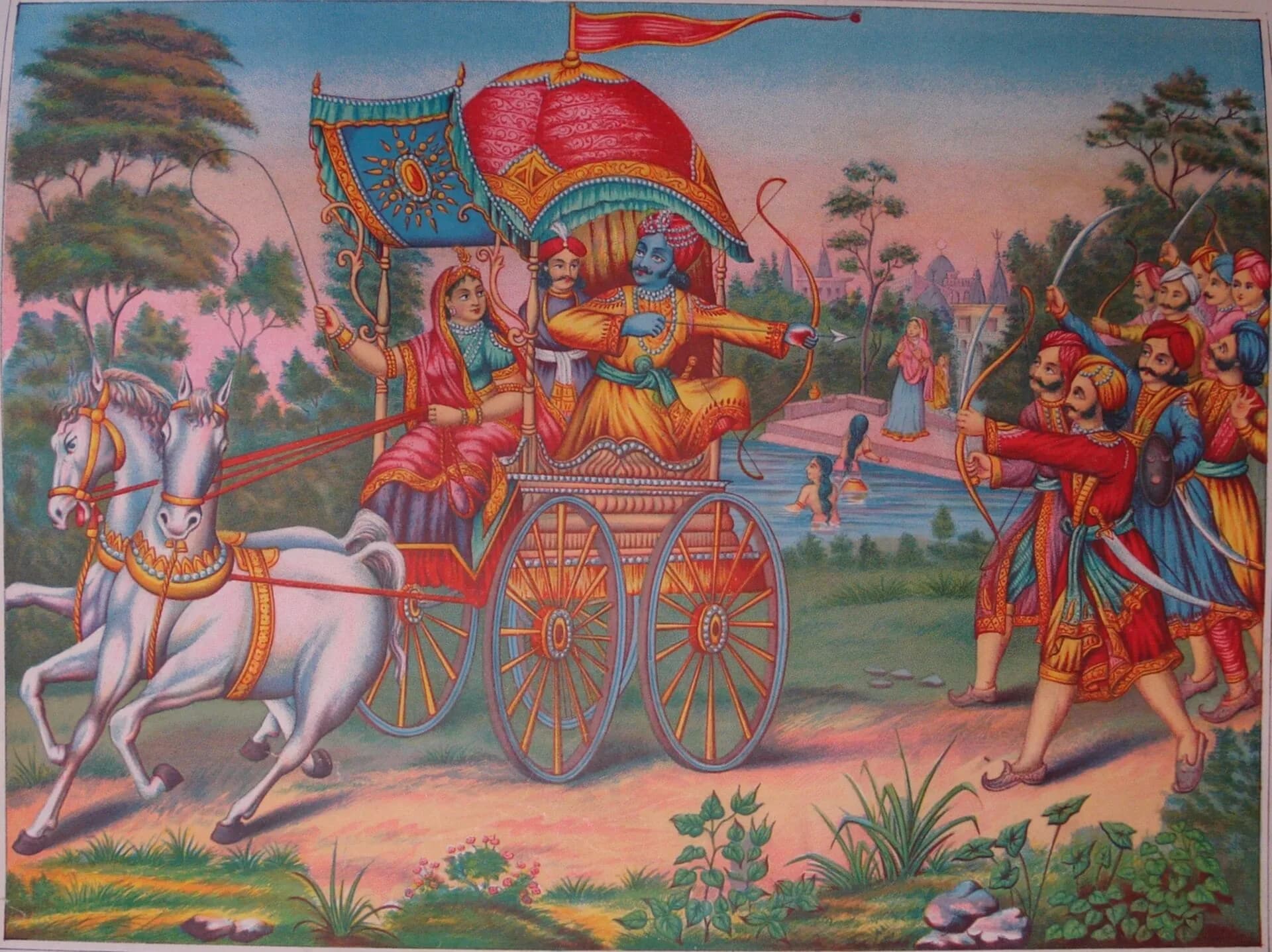 A painting of Subhadra driving a chariot away from Dwarka with Arjuna