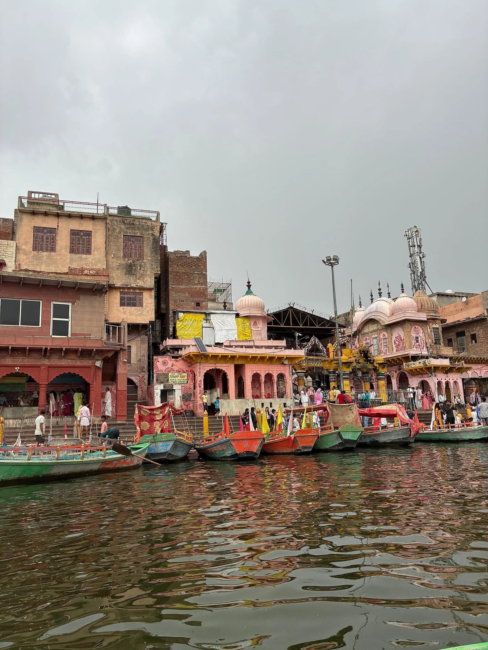 Boats on the Yamuna river along the ghats of Mathura