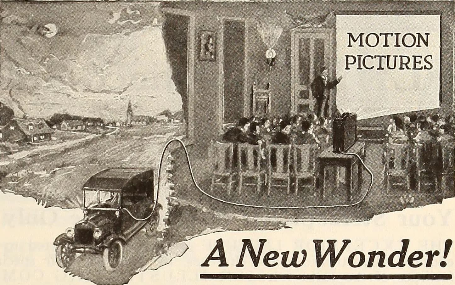 A 1920 illustration of an audience watching a motion picture, captioned A New Wonder