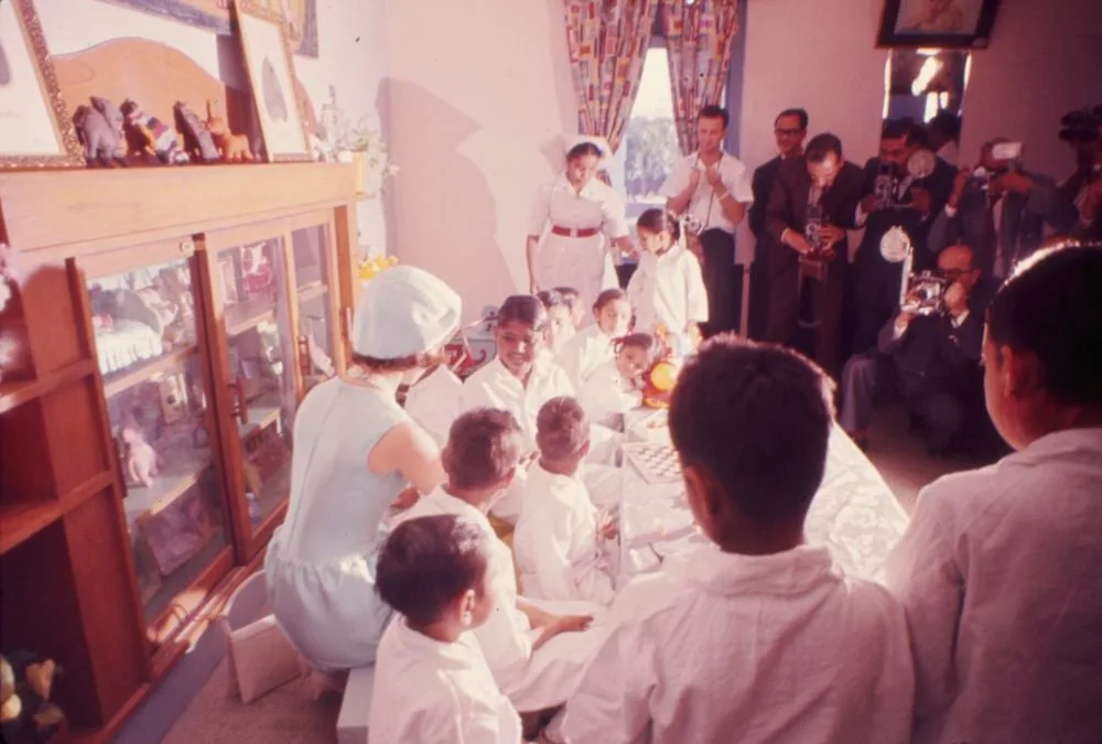 Children being cared for in a ward at AIIMS, Delhi, in a historic photograph