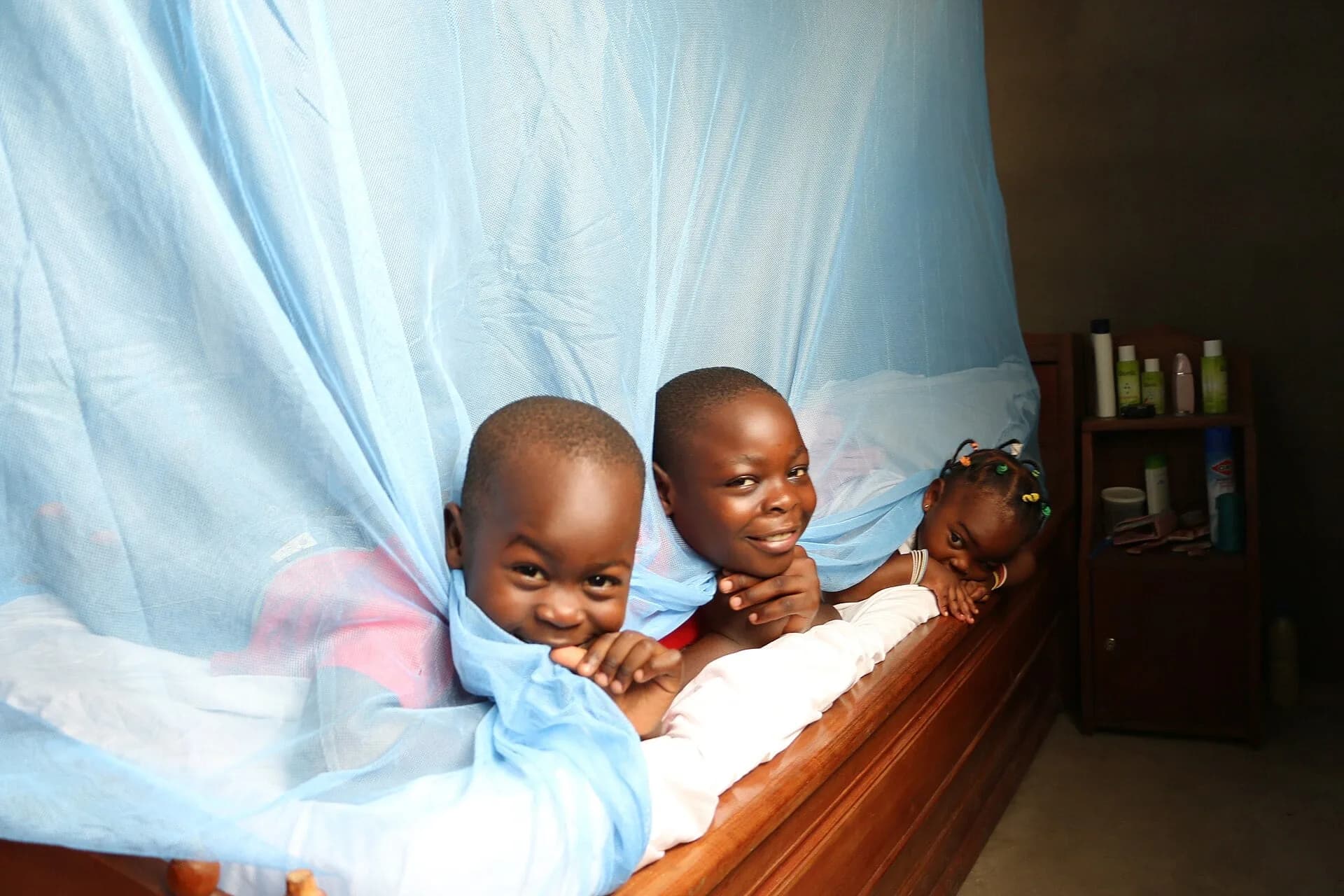 Children smiling under a mosquito net