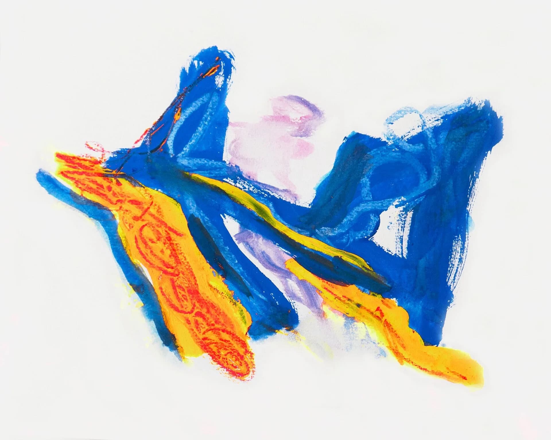 A contemporary abstract painting in blue and orange