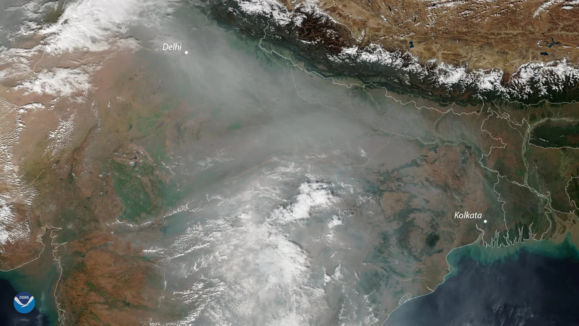 Satellite image of a grey haze of smog spreading over north India and the Indo-Gangetic plain