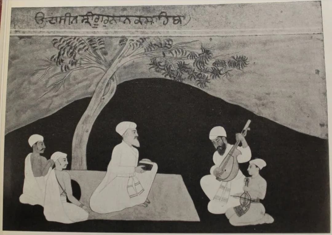 A miniature painting of Guru Nanak listening to musicians, about 1680