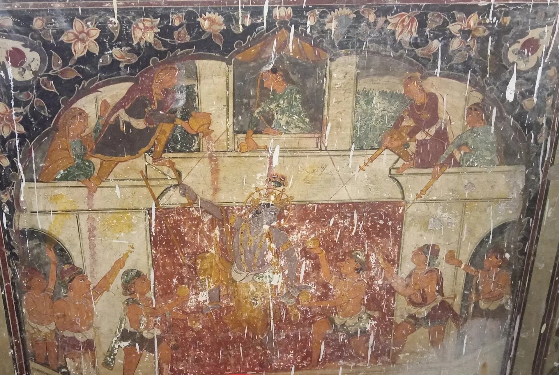 A mural of Krishna playing Holi from a temple in Punjab