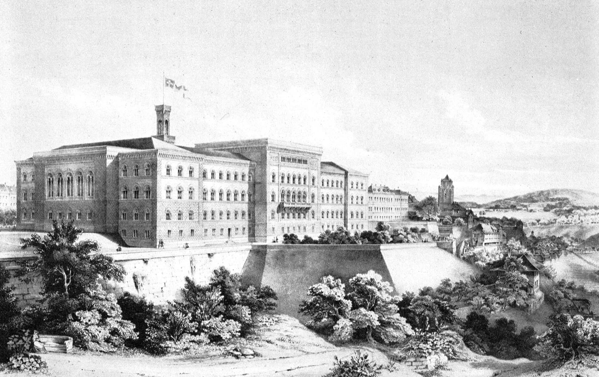 A 19th-century engraving of the Federal Palace in Bern, Switzerland