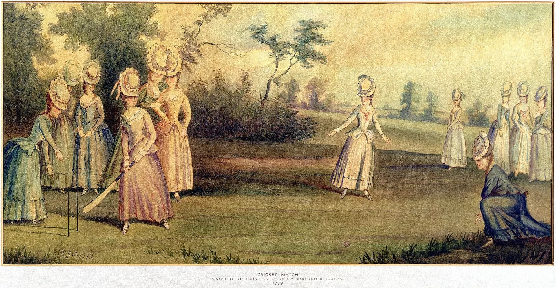 An old painting of women playing cricket
