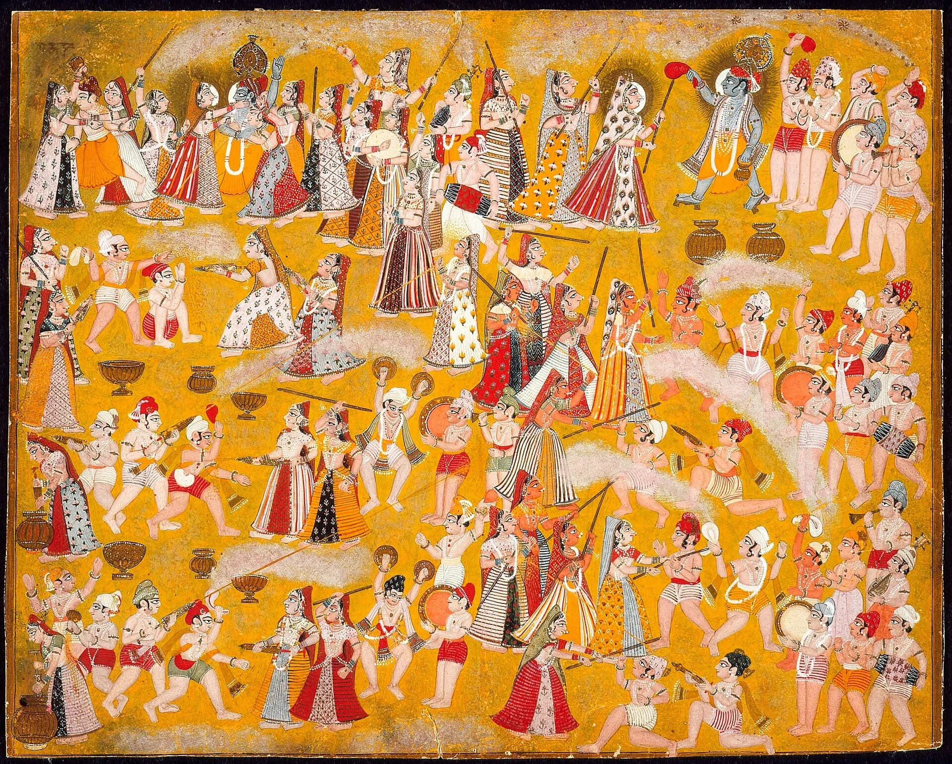 An 18th-century Rajasthani drawing of Krishna and Radha celebrating Holi with companions