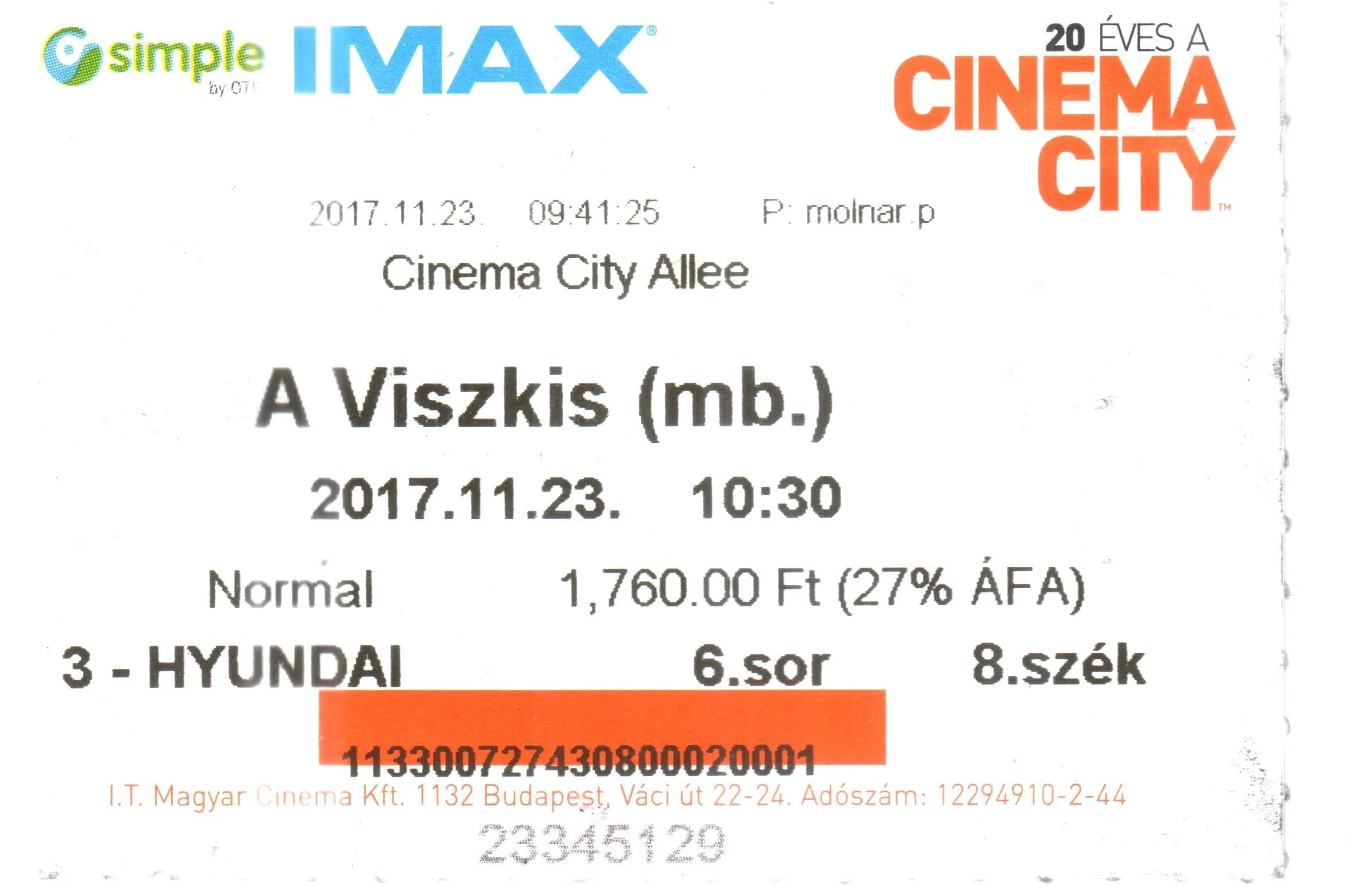 A printed cinema ticket for an IMAX show
