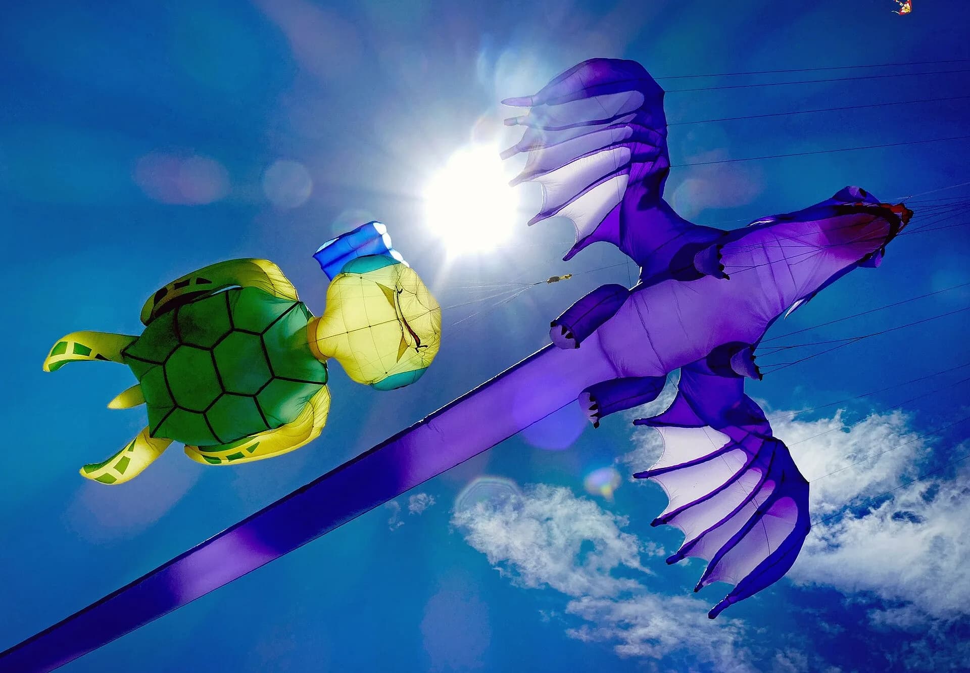Colourful kites flying against the sky