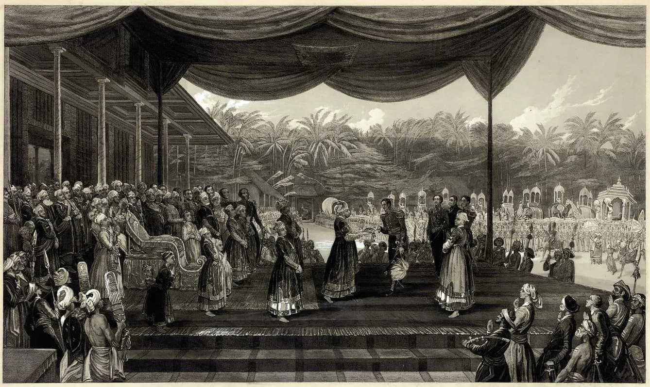A historic depiction of the Durbar of the Maharaja of Travancore