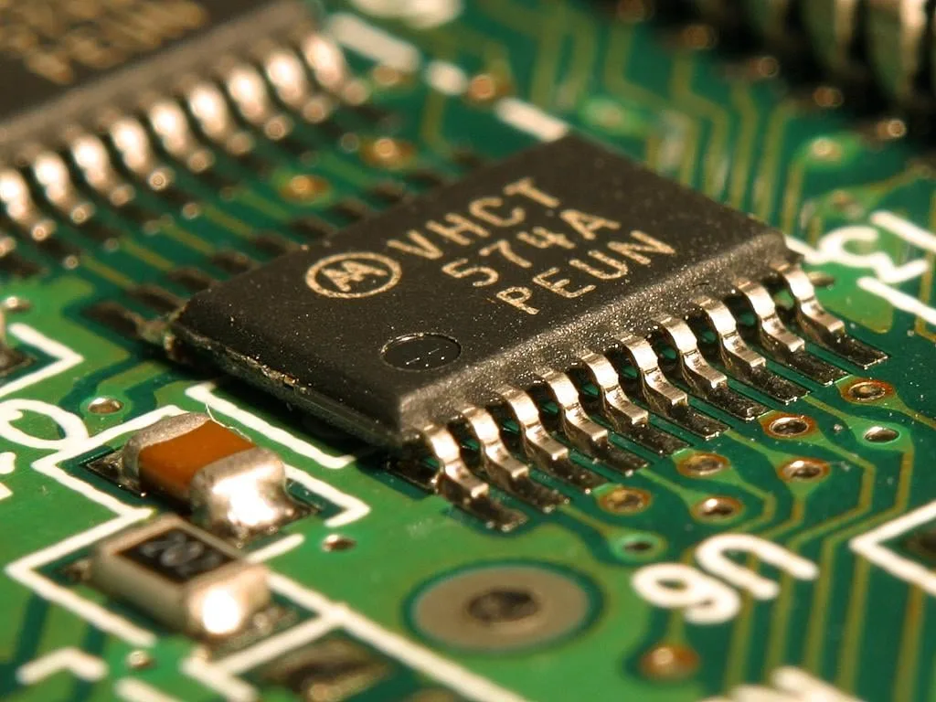 A close-up of a microchip on a green circuit board