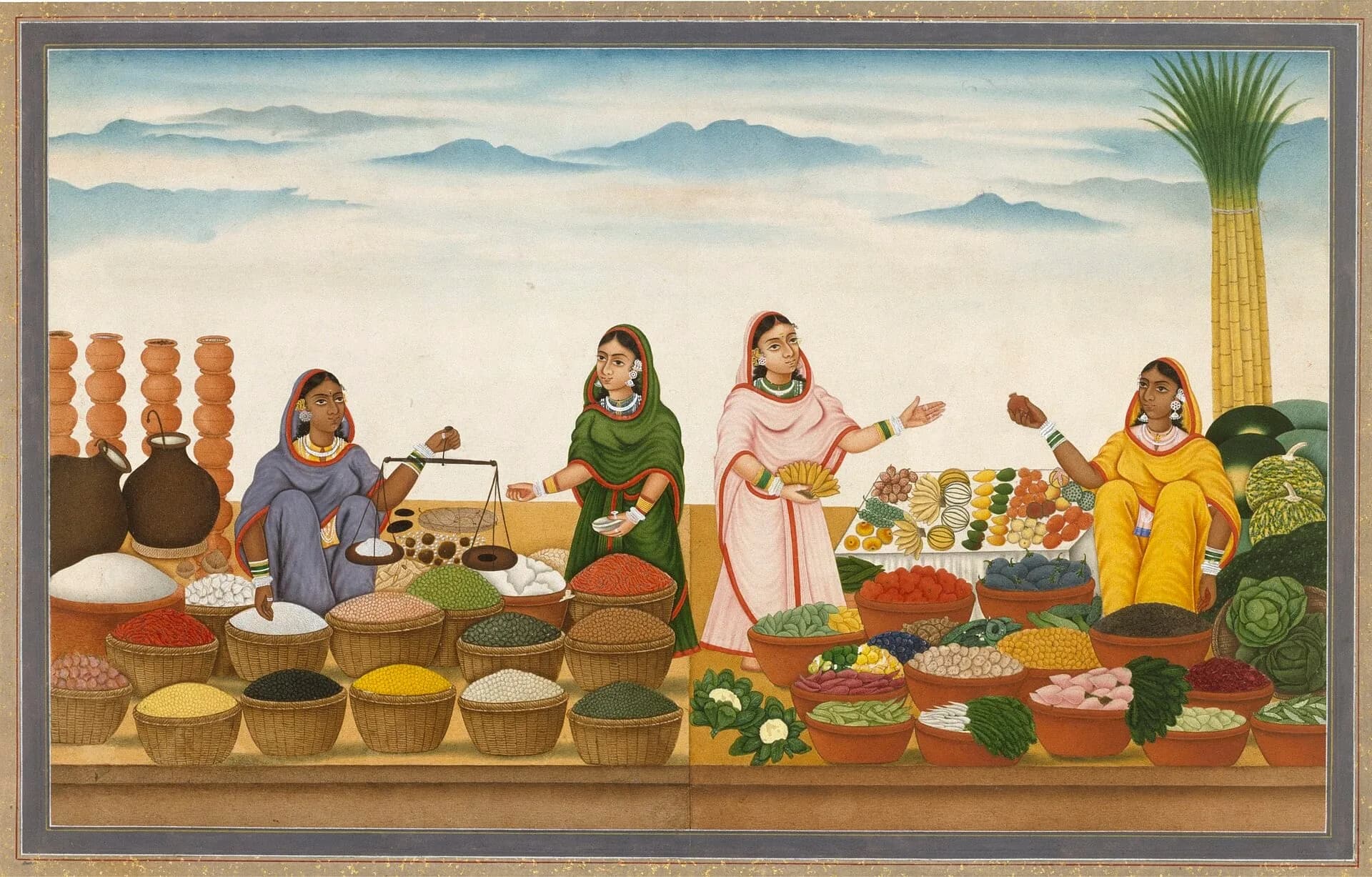 An Indian painting of women selling grain and spices at a market