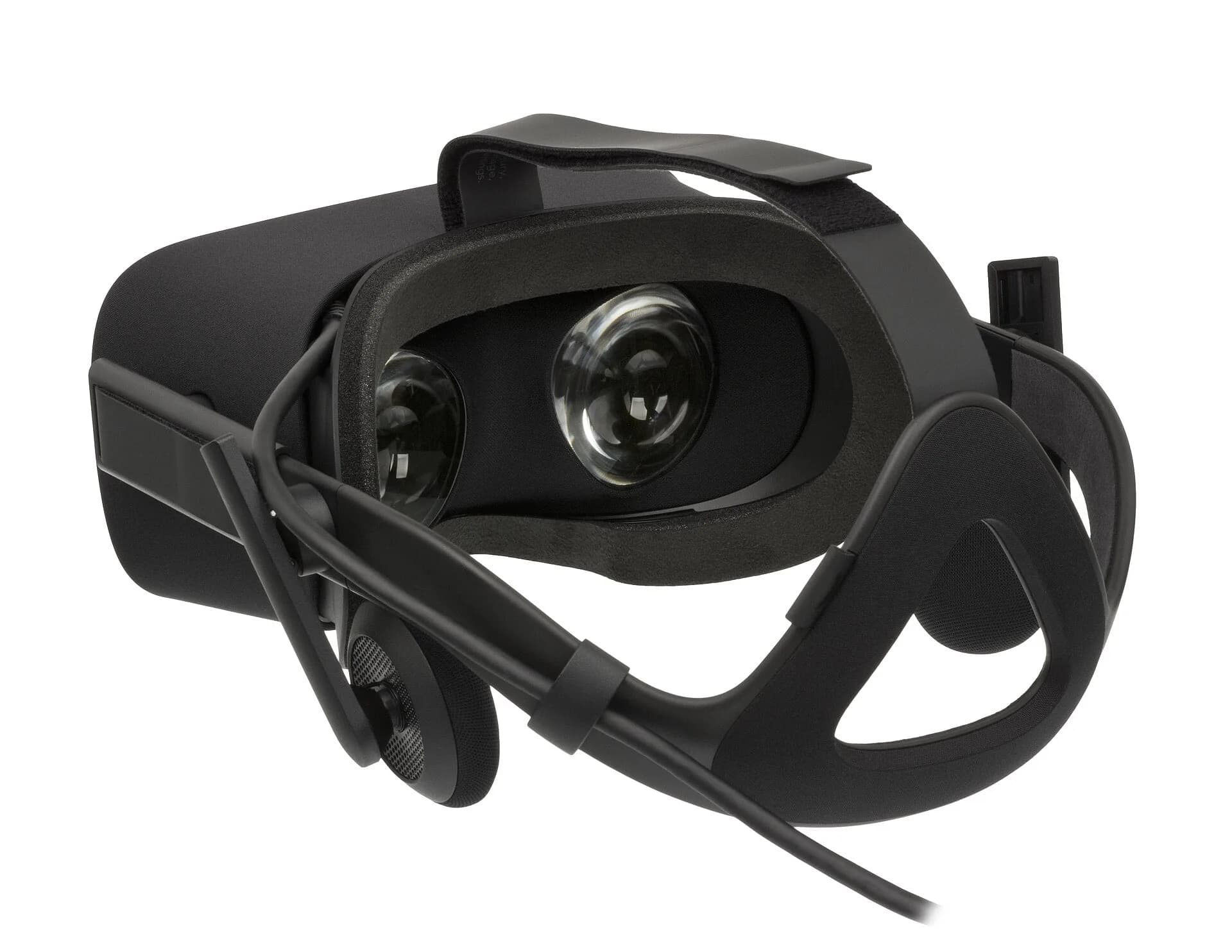 A virtual reality headset seen from behind on a white background