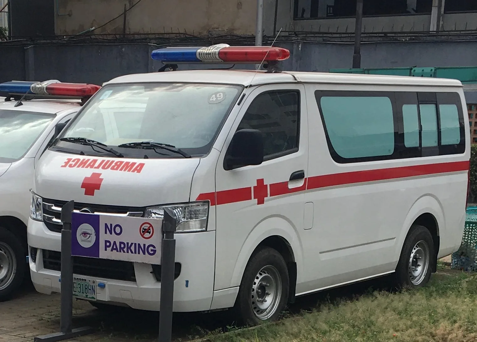 An ambulance parked outside a hospital