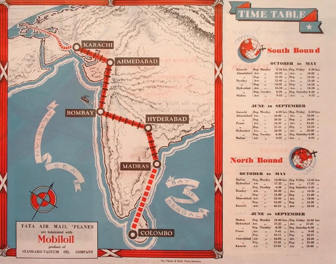 An old Tata Sons airline timetable with a route map of India