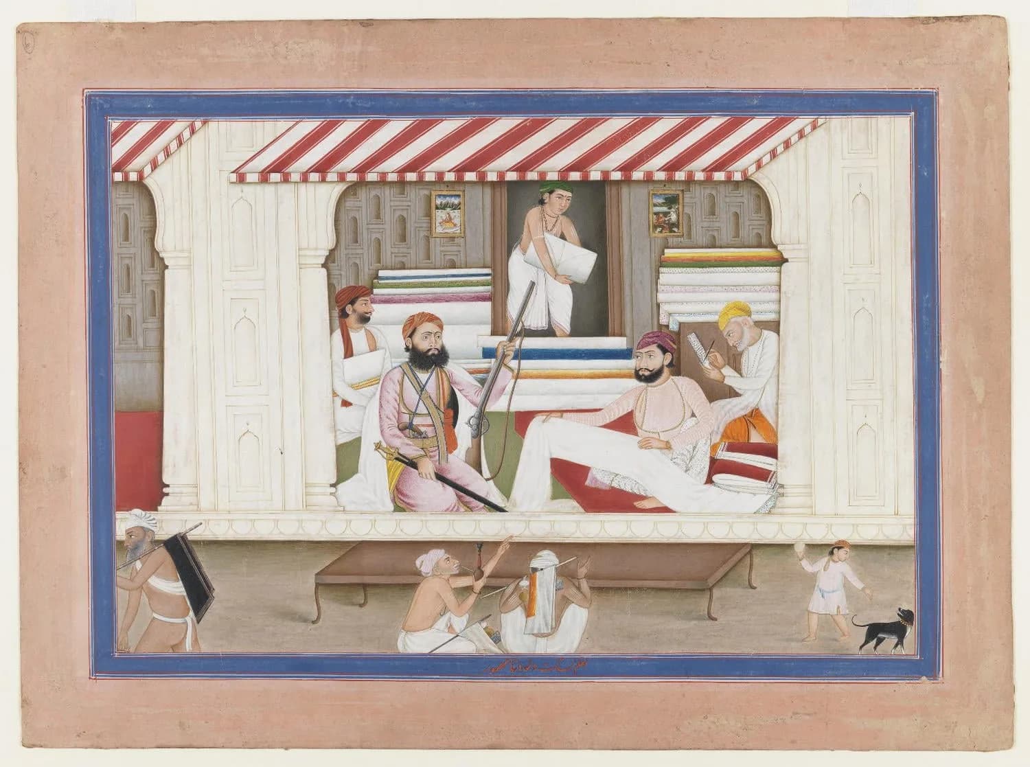 An old Indian painting of a cloth merchant seated in his shop