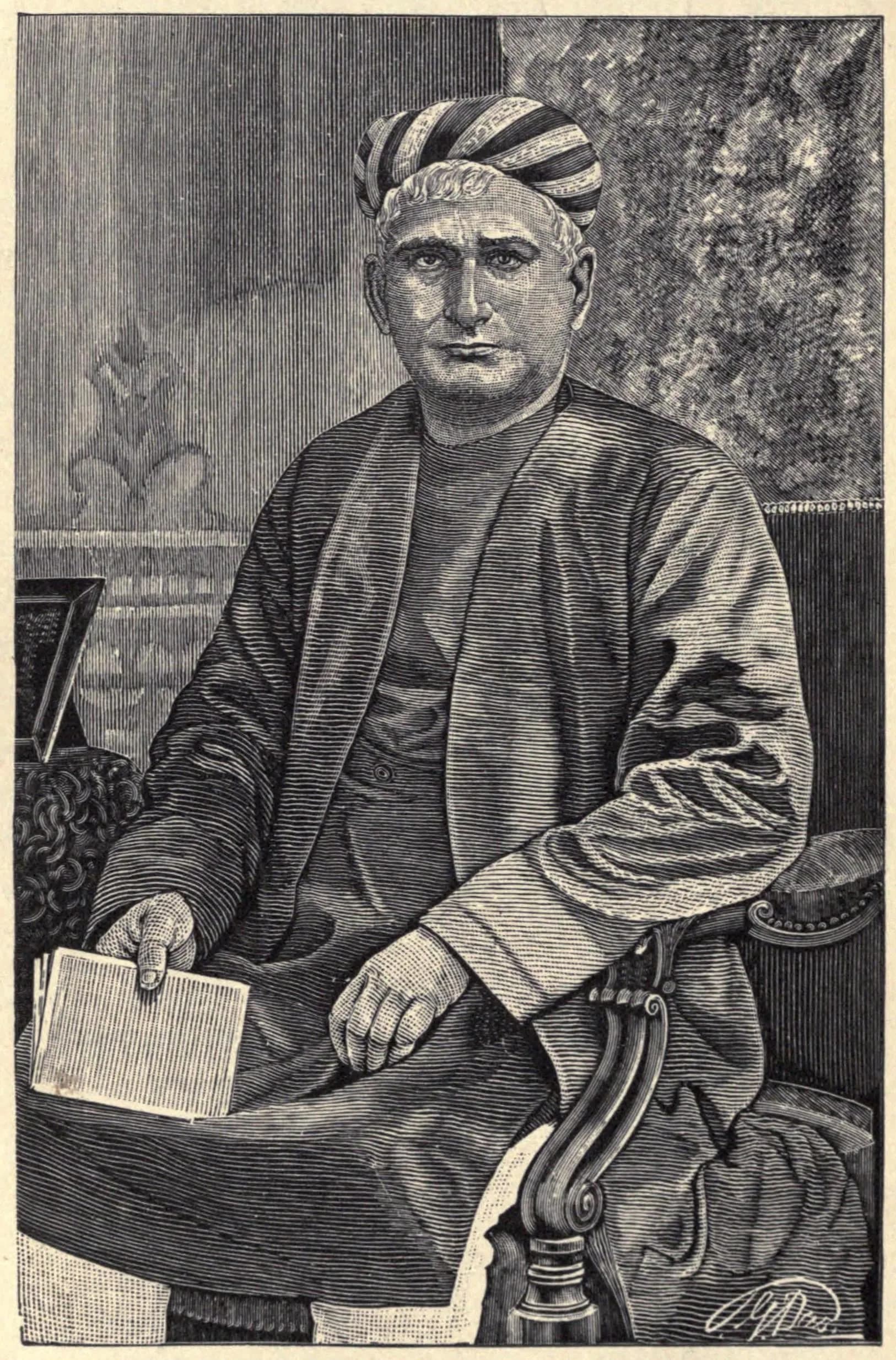An engraved portrait of Bankim Chandra Chatterjee seated at a desk