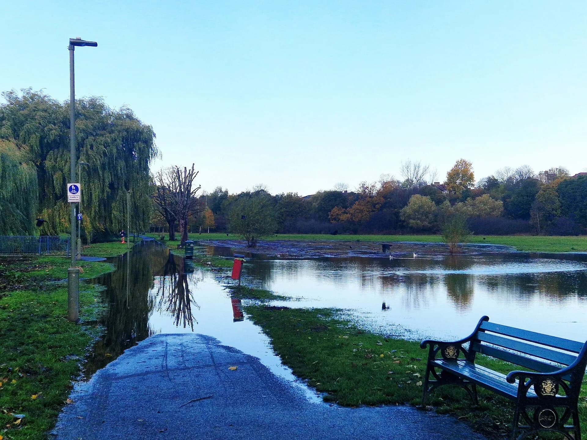 A quiet park path beside a pond with trees and a bench in the evening light