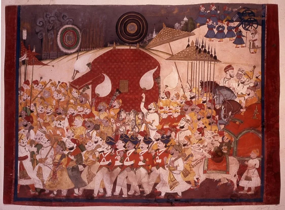 An Indian miniature painting of a large wedding procession with elephants and horses