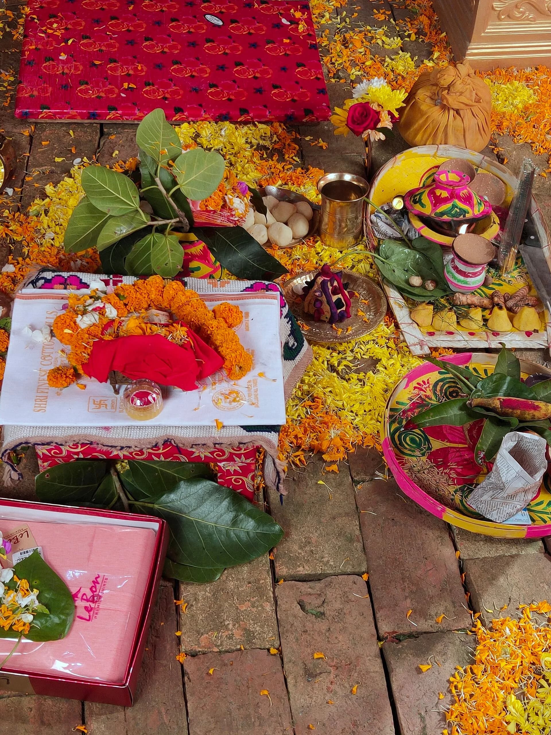Colourful ritual items laid out for a Hindu ceremony