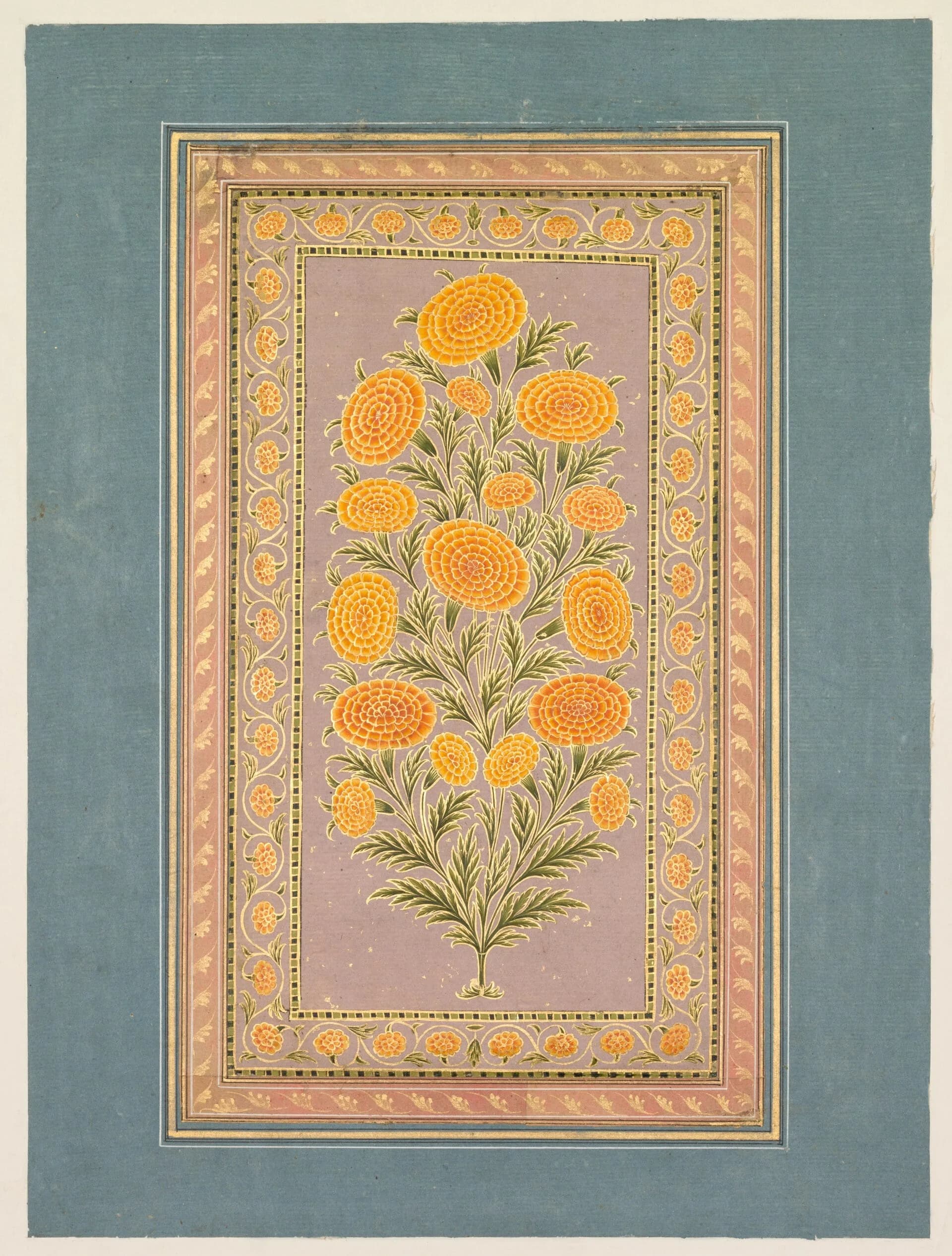 A painting of an orange flowering plant within a decorative border