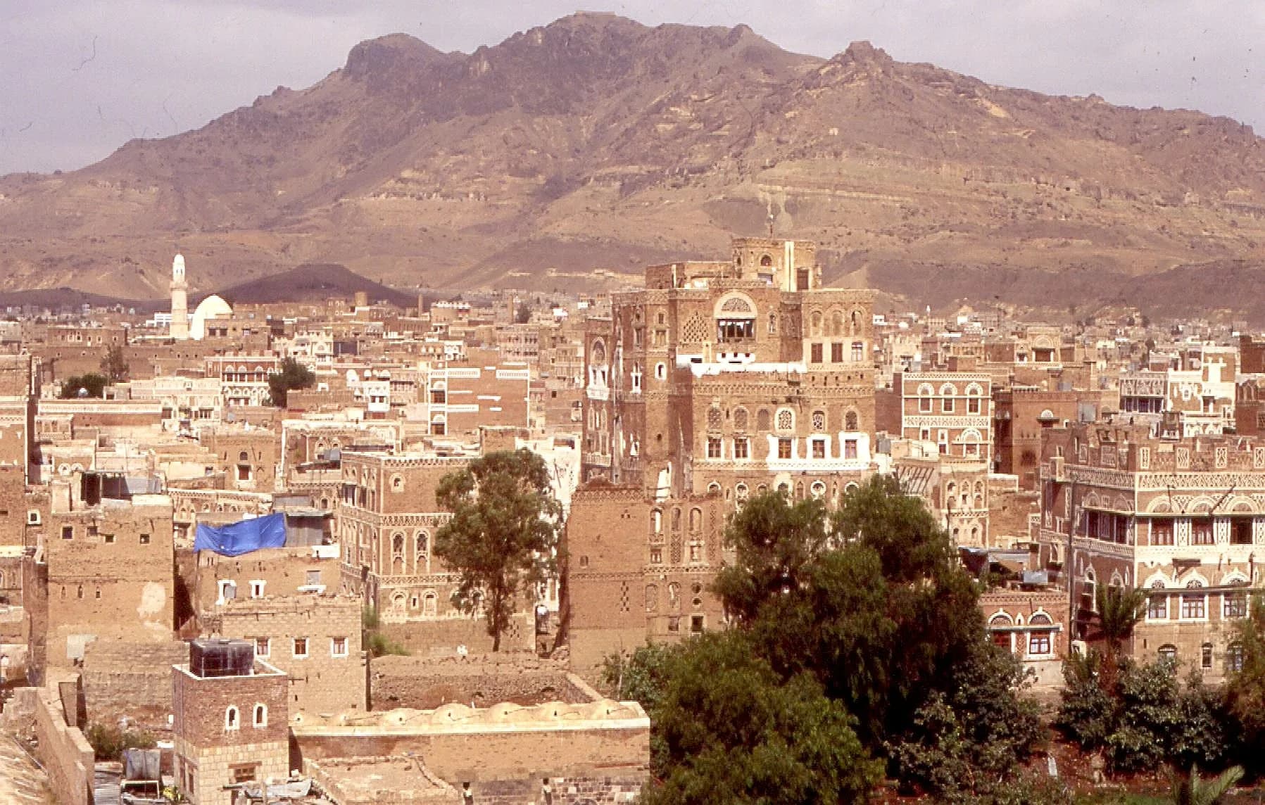 The tower houses of the old city of Sanaa, Yemen, with mountains behind